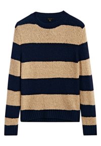 Gebreide trui met marineblauwe en beige horizontale strepen. Heeft een ronde halslijn en ribgebreide mouwen en onderkant. Zachte textuur.