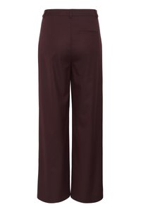 Burgundy wide-leg trousers made from smooth fabric, featuring a flat waistband, a single back pocket, and a clean finish with no visible fasteners.