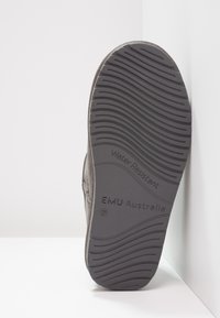 Graue Gummisohle mit strukturiertem Profil, mit der Prägung "Wasserabweisend" und "EMU Australien"; elegantes und ergonomisches Design.