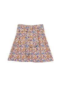 Falda con estampado floral en tonos de naranja, azul y púrpura. Presenta un diseño plisado, un lazo frontal y una cinturilla forrada para mayor estructura.