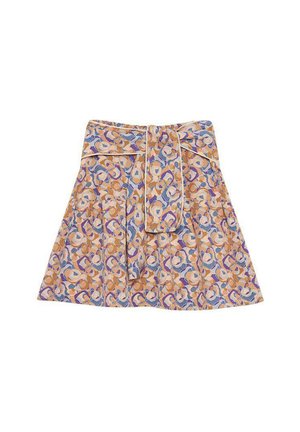 Falda con estampado floral en tonos de naranja, azul y púrpura. Presenta un diseño plisado, un lazo frontal y una cinturilla forrada para mayor estructura.