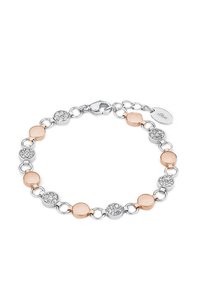 Pulsera de plata y oro rosa con eslabones circulares, secciones alternas lisas y adornadas con cristales, con cierre de langosta.