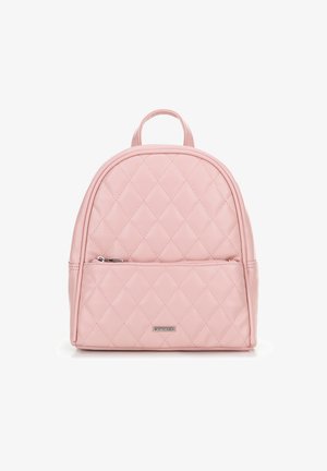 Rosa gesteppter Rucksack aus synthetischem Material, mit abgerundetem Oberteil, vorderer Reißverschlusstasche und einem kleinen Tragegriff oben.