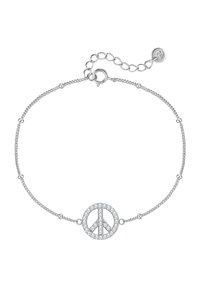 Silverarmband med en fredssymbolberlock, prydd med glittrande klara ädelstenar. Utrustat med ett delikat kedja och justerbar lås.