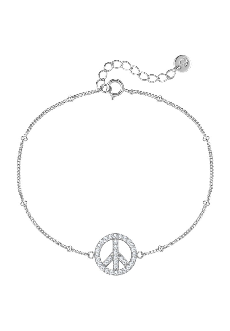 Silverarmband med en fredssymbolberlock, prydd med glittrande klara ädelstenar. Utrustat med ett delikat kedja och justerbar lås.