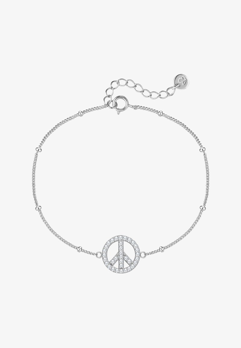 Hopeaketju, jossa on rauhan symboli ja kiiltävät kirkkaat kivet. Siinä on hieno ketju ja säädettävä lukko.