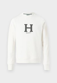 Sudadera blanca con cuello redondo, que presenta un destacado logo oscuro de "H" y el texto "Hackett" en bordado azul marino en la parte frontal.