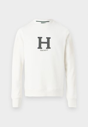 White sweatshirt with a round neck, featuring a prominent dark "H" logo and "Hackett" text in navy embroidery on the front.