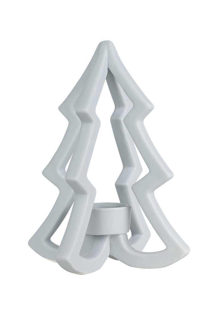 Weißer Kerzenhalter aus Keramik, geformt wie ein stilisierter Weihnachtsbaum, mit Zickzackkanten und einer zentralen runden Basis für eine Kerze.