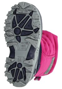 Roze textielen laars met een grijze rubberen zool met een robuust profiel en tractie-eigenschappen, ontworpen voor buitengebruik. Maat gemarkeerd als 24.