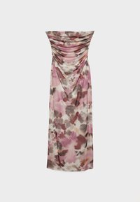 Robe longue bustier avec décolleté drapé et motif abstrait aquarelle dans des tons de rose, marron et beige.