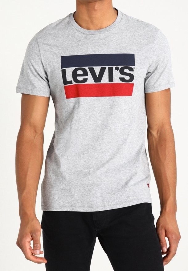 Homme portant un T-shirt à manches courtes gris clair avec un design rectangulaire bleu marine et rouge et le texte noir en gras "Levi's" sur le devant.