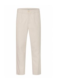 Beige straight-leg trousers with belt loops, front button closure, side pockets, and subtle pleats on a white background.
