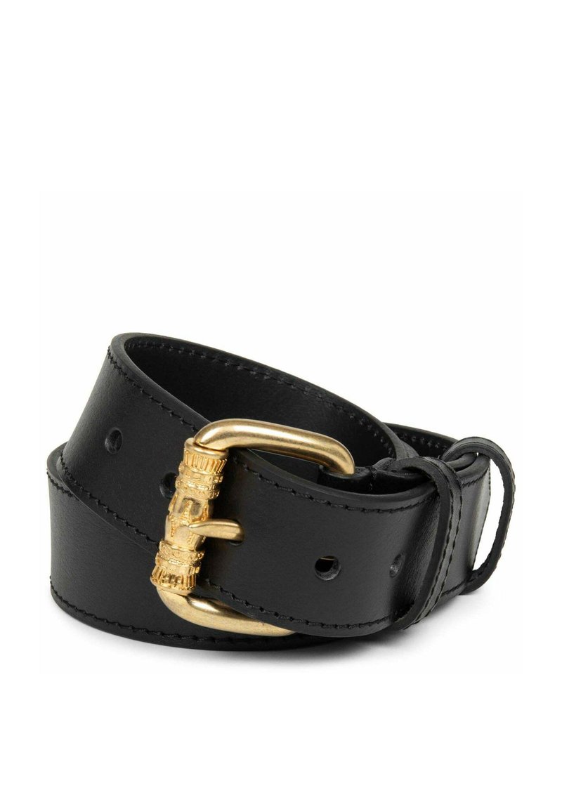 Zwarte leren riem met een gouden gesp met een textuurontwerp en meerdere gaten voor aanpasbare maat.