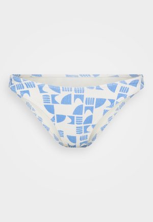 Bikini bottom in white fabric with a textured surface, featuring a geometric blue pattern of shapes and lines.