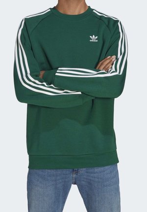 Groene sweatshirt van een katoenmix met ronde hals, voorzien van witte drie-strepenaccenten op de mouwen en een klein wit logo op de borst.