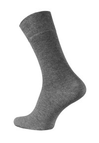 Gray mid-calf sock with a ribbed cuff, smooth texture, and seamless toe, displayed on a white background.