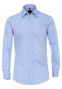 Lichtblauwe overhemdd met een gladde stof, voorzien van een klassieke kraag, lange mouwen en witte knopen aan de voorkant.
