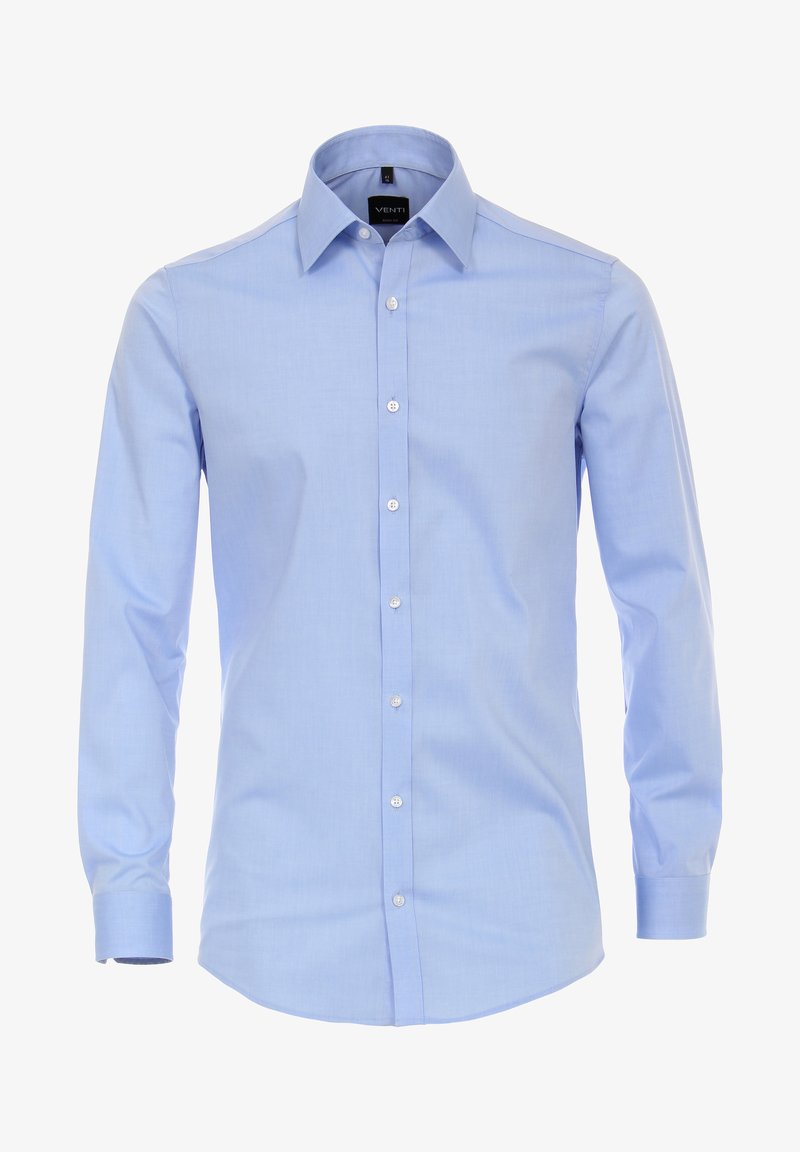 Lichtblauwe overhemdd met een gladde stof, voorzien van een klassieke kraag, lange mouwen en witte knopen aan de voorkant.