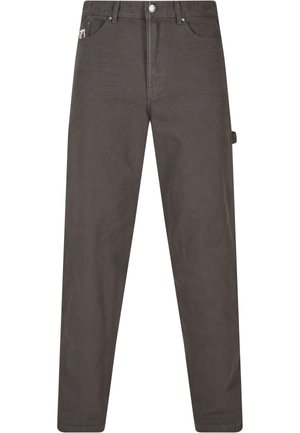Pantaloni grigi scuri a gamba dritta realizzati in tessuto resistente, con tasche anteriori e una tasca laterale con un piccolo etichetta del logo.