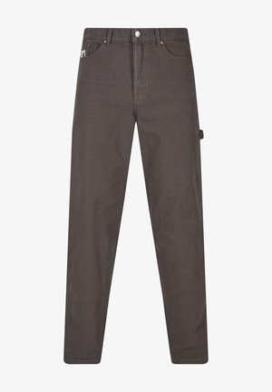 Tamno sivi hlače ravnog kroja izrađene od izdržljive tkanine, s prednjim džepovima i bočnim džepom s malom oznakom logotipa.