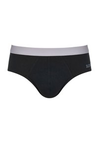 Schwarze Baumwollunterhose mit elastischem grauen Bund und Logo. Sie verfügt über eine glatte Textur und einen standardmäßigen Schnitt, der für Komfort und Unterstützung sorgt.