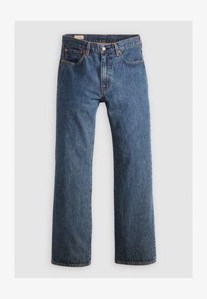 Jeans din denim albastru cu un croi drept, având cinci buzunare, fermoar și detalii de cusătură portocalie. Materialul are o textură clasică, estompată.