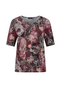 T-shirt bordeaux à manches courtes avec motif cachemire en rose, noir et crème ; col rond ; texture douce ; design décontracté adapté pour des tenues en superposition.
