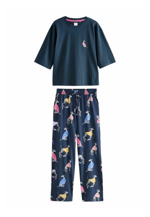 Marineblaues Pyjama-Set mit einem T-Shirt mit Kurzarm und einem Hundedesign sowie einer Hose mit Mustern, die verspielte, farbenfrohe Hundefiguren zeigen.