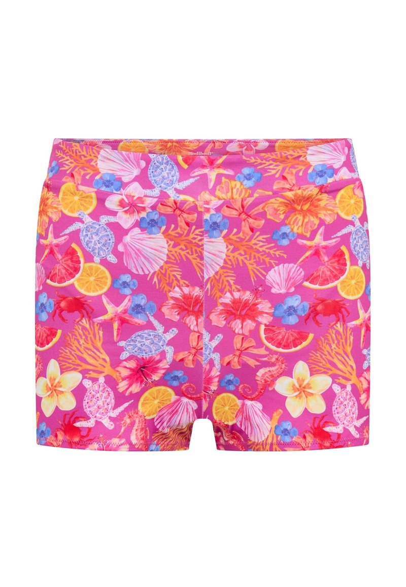 Shorts de bain roses vifs avec un imprimé tropical vibrant comprenant des coquillages, des tortues, des fleurs et des motifs d'agrumes. Tissu doux et extensible.