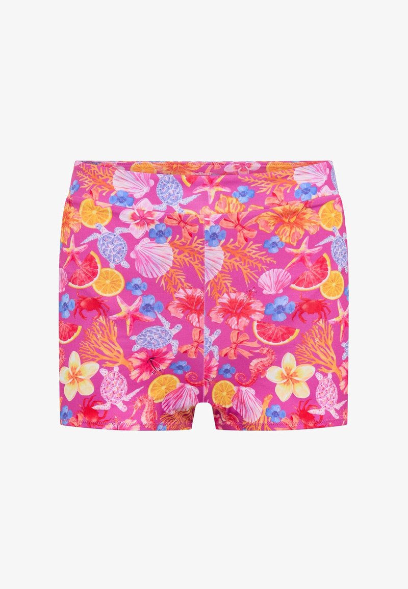 Shorts de bain roses vifs avec un imprimé tropical vibrant comprenant des coquillages, des tortues, des fleurs et des motifs d'agrumes. Tissu doux et extensible.