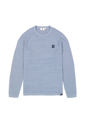 Lichtblauwe sweatshirt met lange mouwen, voorzien van gestructureerde horizontale strepen, een ronde hals, raglanmouwen en een klein logopatch aan de voorkant.