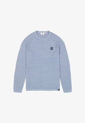 Sudadera de manga larga azul claro con rayas horizontales texturizadas, cuello redondo, mangas raglán y un pequeño parche de logo en la parte frontal.