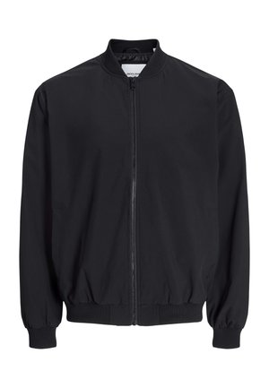Blouson bomber noir avec fermeture éclair complète à l'avant, col, poignets et ceinture côtelés, présenté sur fond blanc.