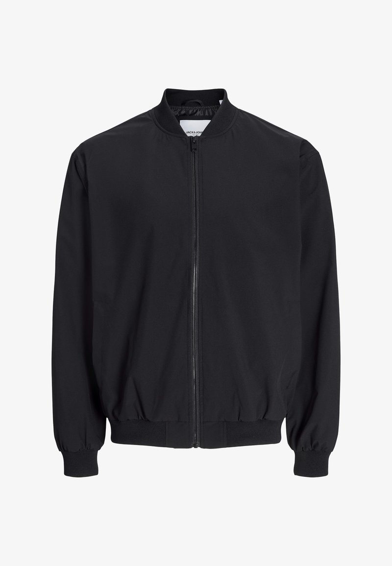 Blouson bomber noir avec fermeture éclair complète à l'avant, col, poignets et ceinture côtelés, présenté sur fond blanc.
