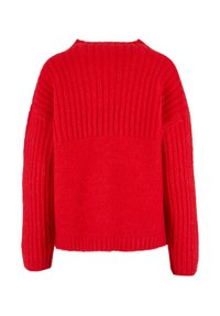 Czerwony sweter z dzianiny o prążkowanej fakturze, z szeroką konstrukcją i długimi rękawami. Miękka tkanina z lekko skróconym dołem.