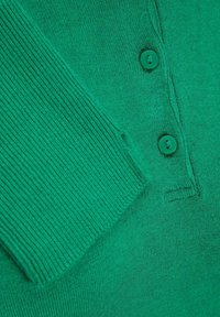 Grön stickad tröja med ribbad ärm, tre knapplist och mjuk textur, med fokus på en livlig nyans och ren design.