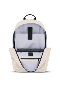 Világos bézs vászontáska cipzárral. A belső rész szürke béléssel, rendszerező zsebekkel és hálós rekesszel rendelkezik. Az táska tetején található egy fogantyú.