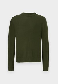Pullover a collo rotondo di colore verde scuro, lavorato a maglia, con maniche lunghe e polsini, orlo e scollatura a coste.