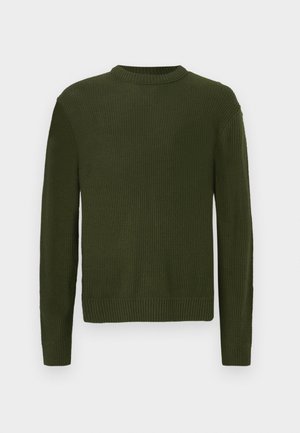 Mørkegrøn strikket crewneck sweater med lange ærmer og ribbede manchetter, kant og halsudskæring.