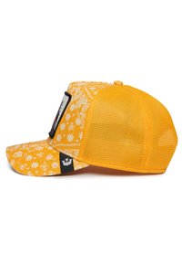 Yellow cap with a patterned front and mesh back. Features floral and bandana designs, a curved brim, and a logo patch on the front.