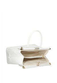 Biała skórzana torebka o strukturalnym designie, z podwójnym uchwytem, złotymi akcentami i dwoma wewnętrznymi przegródkami.