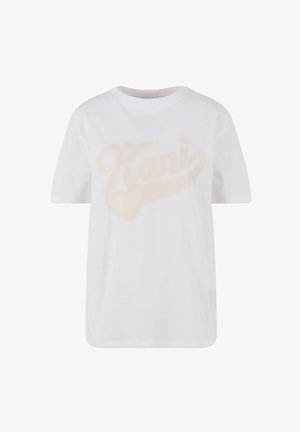 Fehér pamut póló, elöl egy nagy, világos színű "Kani" grafikával. Egyszerű kerek nyakkivágással és rövid ujjakkal. Sima tapintású.