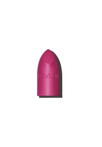 Rouge à lèvres rose en forme de bullet avec une pointe arrondie, présentant une texture lisse et un logo "REVLON" en relief sur le côté.