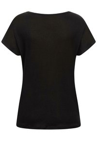 T-shirt noir à manches courtes avec un grand col en scoop. Tissu doux avec une texture lisse. Design simple, sans motifs ni accents.