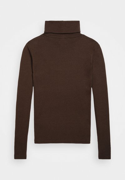 Brūnas turtlenecka džemperis ar garām piedurknēm, izgatavots no mīkstas, faktūrētas auduma. Iespējojis augstu apkakli un pieguļošu siluetu.
