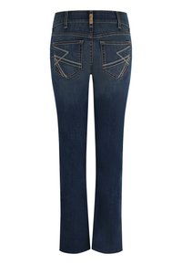 Dark blue denim jeans with a straight leg design, featuring two curved pockets with decorative stitching on the back.