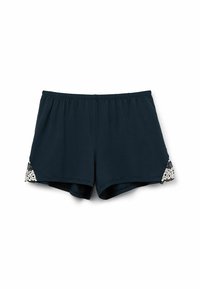 Mörkblå bomullsshorts med elastisk midja, prydda med vit spetskant på sidan för extra detalj. Bekväm och avslappnad design.
