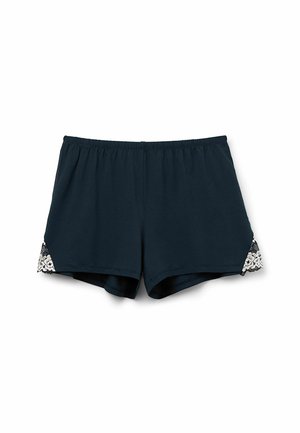 Donkerblauwe katoenen shorts met een elastische tailleband, voorzien van witte kant langs de zijkant voor extra detail. Comfortabel en casual ontwerp.