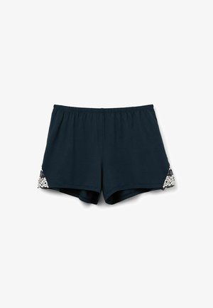 Dunkelblaue Baumwollshorts mit elastischem Bund, versehen mit weißer Spitze an der Seite für zusätzliche Details. Bequeme und lässige Gestaltung.